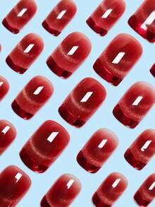 24片短方型穿戴甲，紅色法式貓眼腮紅漸層壓克力假指甲，含果凍膠與指甲锉，美甲用品 - 彩色 - 查看 3