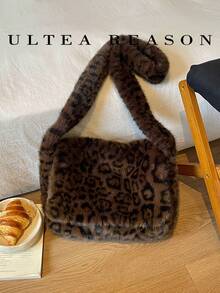 1pc Leopard Print Plush Shoulder Bag, Women's Vintage Casual Crossbody Bag, Autumn/Winter New Style, Top Handle, Suitable For Daily Use - Coffee - View 8