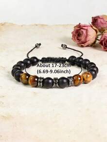 Men's Black Onyx & Tiger Eye Natural Stone Adjustable Bracelet, Spiritual Healing Protection Powerful Jewelry, Gift For Him, Best For Husband, Dad - Multicolor - View 6