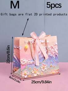 1pc/5pcs 2D Oil Painting Pattern Gift Paper Bags With Ribbon, Portable Paper Gift Bags With Handle Rope, Cloud Petal Cream Color, Suitable For Wedding Creativity, Wedding Favors, Birthday Decoration, Birthday Gift Bags, Wedding Party Gift Bags, Bachelorette Party, Wedding Guest Favors, Valentine's Day (2D Printed) - Multicolor - View 15