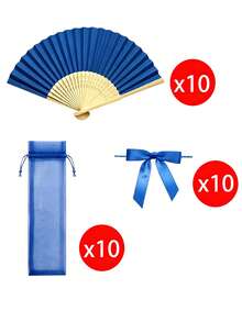 10pcs Folding Hand Fan With Sheer Drawstring Pouch, Blue Bow Decor,Portable Handheld Fan,Summer Party Wedding Gift,Costume Accessory,Travel Bag Charm - Multicolor - View 11