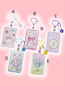 Macaron Heart Card Holder Keychain, Student ID Card Protector, Cartoon Cat & Rabbit Print Card Sleeve, Detachable Backpack Charm - Multicolor - View 7