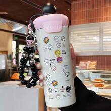 1PC 600ML Daisy Expression, Creative Expression, Line Art Pattern Stainless Steel Insulated Cup, Double Beverage Coffee Cup, Portable Straw Cup, Stylish Lanyard Insulated Cup, Suitable For Office, Home, Gift Recommendations, Coffee/Milk/Tea - Multicolor - View 6