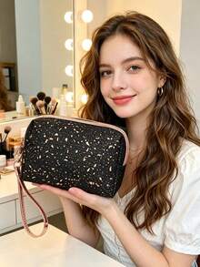1pc Large Capacity Glitter Textured PU Leather Zippered Makeup Bag, Cosmetic Organizer, Portable Travel Storage Pouch For Daily Commute And Travel, Suitable For Men And Women, All Seasons - Multicolor - View 3