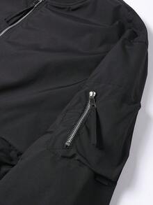 Men's Autumn/Winter Casual Versatile Zipper Front Baseball Collar Solid Color Plus Size Flight Jacket - Black - View 5