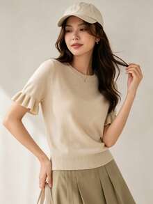Damen Rundhals Kurzarm Strickpullover, Rüschenbündchen, lässiger, vielseitiger, leichter Strick-Top - Aprikosenfarben - Übersicht 4
