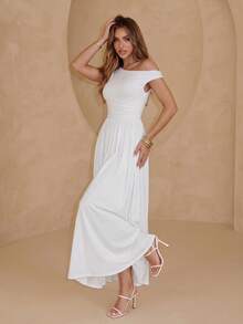 PARTHEA Elegant White Off‑Shoulder Maxi Dress, Ruched Waist High Waist A‑Line Flowy Long Dress For Wedding Party - White - View 5