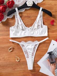 Black Mesh Lingerie Set With Red Rose Floral Embroidery,V Neck Thin Adjustable Strap Underwire Bra & Matching Mesh Thong - White - View 3