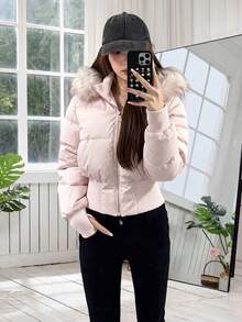 Women's Pink Quilted Padded Coat With Hood And Faux Fur Trim, Ribbed Knit Cuffs And Hem, Full Zip Closure, Winter Outfit Essential - Pink - View 1