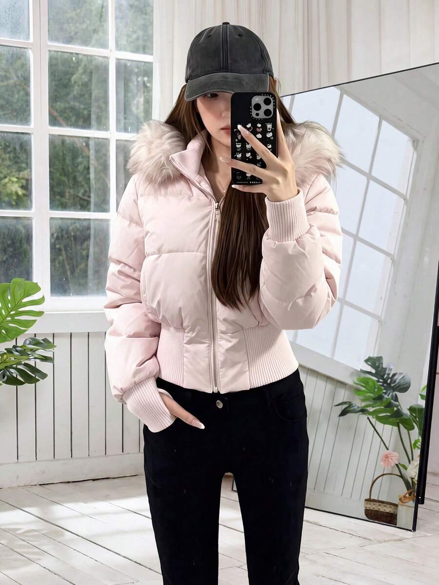 Women's Pink Quilted Padded Coat With Hood And Faux Fur Trim, Ribbed Knit Cuffs And Hem, Full Zip Closure, Winter Outfit Essential - Pink - View 1