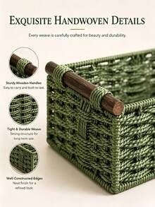 Forest Style Paper Rope Woven Solid Wood Handle Storage Basket, Bathroom Toilet Countertop Care Storage Box, Desktop Soft Decor Tray, Shelf Storage Basket, Multi-Functional Storage Basket, Suitable For Bathroom, Living Room, Bedroom And Office - Multicolor - View 7