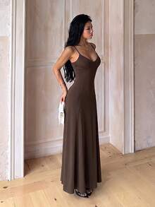 Women's Casual V-Neck Spaghetti Strap Maxi Dress, Flowy Flared Swing Long Party Gown For Birthday, Vacation, Holiday Events, Brown - Brown - View 1