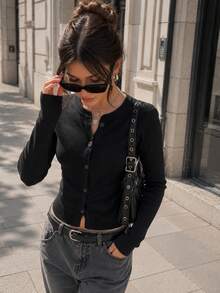 Women Fall Black Ribbed Knit Cardigan,Crew Neck Button Front Long Sleeve Sweater, Slim Fit Cropped Cardigan Top, Casual Vacation Back To School Outfit - Black - View 4