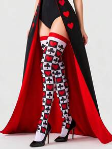 1 Pair Halloween Queen Of Hearts Thigh High Socks, Poker Card Print Over-The-Knee Socks, Suitable For Cosplay Party - Black - View 3