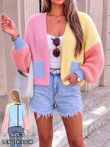 Women's Dopamine Rainbow V-Neck Knitted Cardigan, Lightweight Short Jacket Top, Loose Slouchy Sweater, Autumn/Winter - Multicolor - View 2
