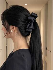 1pc Glossy Satin Ribbon Multi-Layer Bow Banana Hair Clip, Women's Fashion Elegant Hair Accessory, Suitable For Various Occasions - Black - View 4