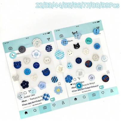 22/33/44/55/66/77/88/99Pcs Random Mixed Blue Resin Buttons, Soft Light Blue / White Tone, Floral, Heart, And Other Shapes, Glossy Textured Plastic Decorative Fasteners; Multi-Functional Sewing, Knitting, Handmade DIY Buttons, Clothing And Scrapbook Decoration Accessories