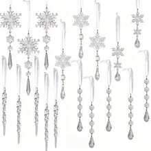 1/20pcs Set Christmas Tree Decorations, Transparent Blue & Pink Snowflake Ice Cube Acrylic Christmas Gift Hanging Pendants, Suitable For Party Holiday Home Decor, Halloween Decoration - A - View 7