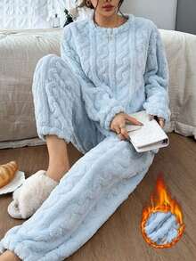 Dreamivo 2pcs/Set Women's Solid Color Plush Thickened Fleece Long Sleeve Long Pants Pajama Set, Simple And Fashionable Sleepwear - Blue - View 1