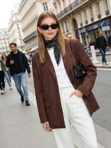 Vintage Brown Pinstripe Fabric, Classic Notch Lapel Single-Breasted Design Jacket, Suitable For Commuting, Street Style, And Dating Occasions - Khaki - View 4