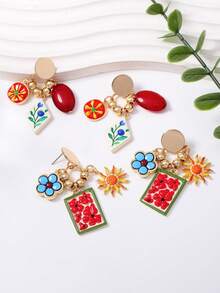 1 Pair Vintage Luxury Colorful Oil-Drip Floral Geometric Pendant Round Stud Earrings, Ethereal Exquisite Early Autumn Fashion Women Earrings - Elegant Floral Earrings - View 4