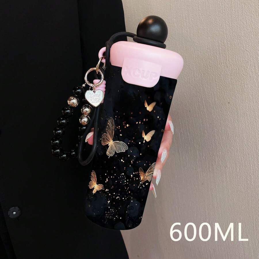 1PC 600ML Fashionable Butterfly, Creative Coconut Grove, Coconut Tree And Sea Pattern Stainless Steel Insulated Cup, Dual-Use Coffee Cup, Portable Straw Cup, Lanyard Insulated Cup, Suitable For Office, Campus, Gift For Holidays/Birthdays, Coffee - Multicolor - View 1