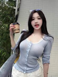 Sexy Thin Knit Cardigan Women Early Autumn U-Neck Blouse Top - Blue - View 6