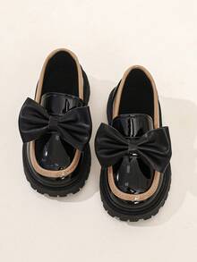 Girls' Shiny Black & Brown Colorblock Loafers, Thick Sole Slip-On Non-Slip Versatile British Style Shoes - Black - View 4