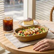1pc Rectangular Ceramic Baking Dish With Double Handles, Oven- Baking Cookware, Vintage Glazed Kitchen Serving Plate - View 7