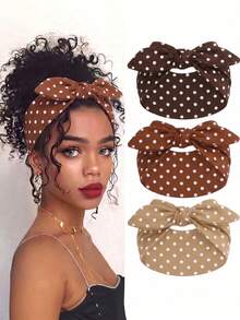 3pcs Polka Dot Women's Headbands, Vintage Bow Wide Elastic Headband, Bohemian Style Headscarf Hair Accessories, Autumn Decor, Y2K - Multicolor - View 7