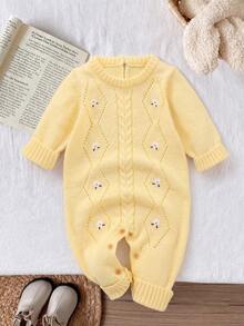 Infant Embroidered Long Sleeve Knitted Romper - Light Yellow - View 2