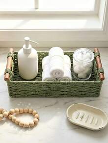 Forest Style Paper Rope Woven Solid Wood Handle Storage Basket, Bathroom Toilet Countertop Care Storage Box, Desktop Soft Decor Tray, Shelf Storage Basket, Multi-Functional Storage Basket, Suitable For Bathroom, Living Room, Bedroom And Office - Multicolor - View 5