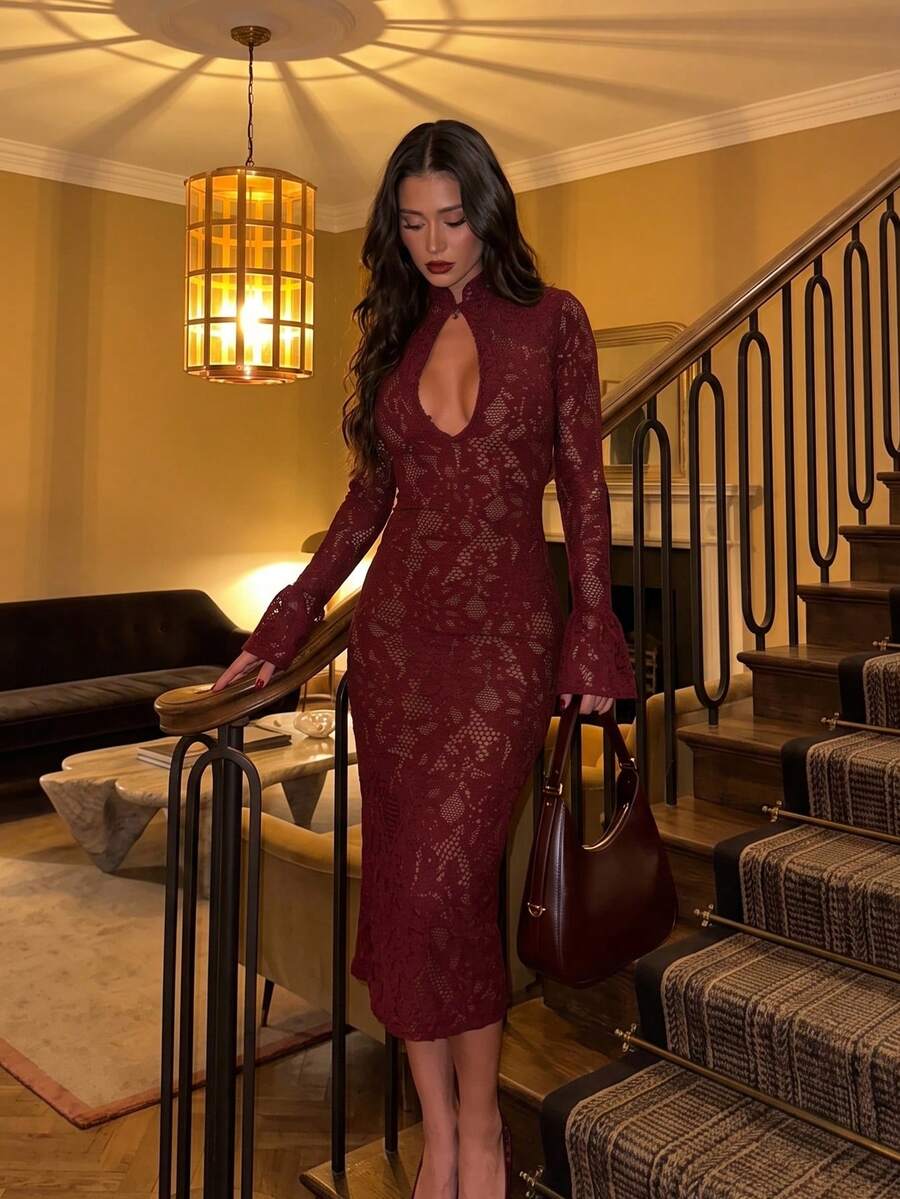 Autumn/Winter Elegant Fashion Sexy Party Romantic Date Charming Red Cheongsam Style Dress - Burgundy - View 1