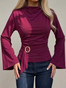 Women's Mock Neck Draped Blouse With Buckled Belt And Flared Sleeves – 224 - Burgundy - View 6
