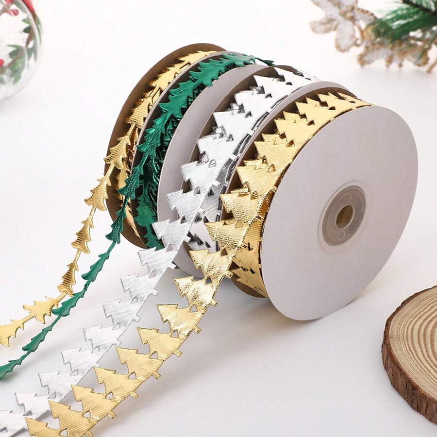 Christmas Tree Shaped Decorative Ribbon, Gold Silver Green Packaging Ribbon, Christmas Gift Wrapping Ribbon, DIY Christmas Decoration Holiday Gift Box Ribbon, Gift Wrapping Tie, Holiday Decor, Christmas Tree Hanging Ornament Lace Trim - Multicolor - View 1