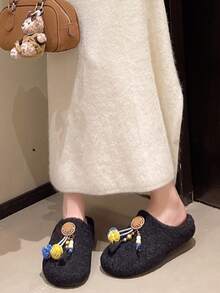 Bohemian Style Wooden Bead Tassel Fur Slippers For Women, Vintage Lamb Wool Warm Half-Slip Thermal Slippers - Black - View 5