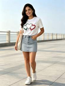 Camiseta de Mujer Manga Corta, Estampado de Tres Corazones Multicolor, Cuello Redondo Ropa Casual Diaria - Blanco - Ver 4