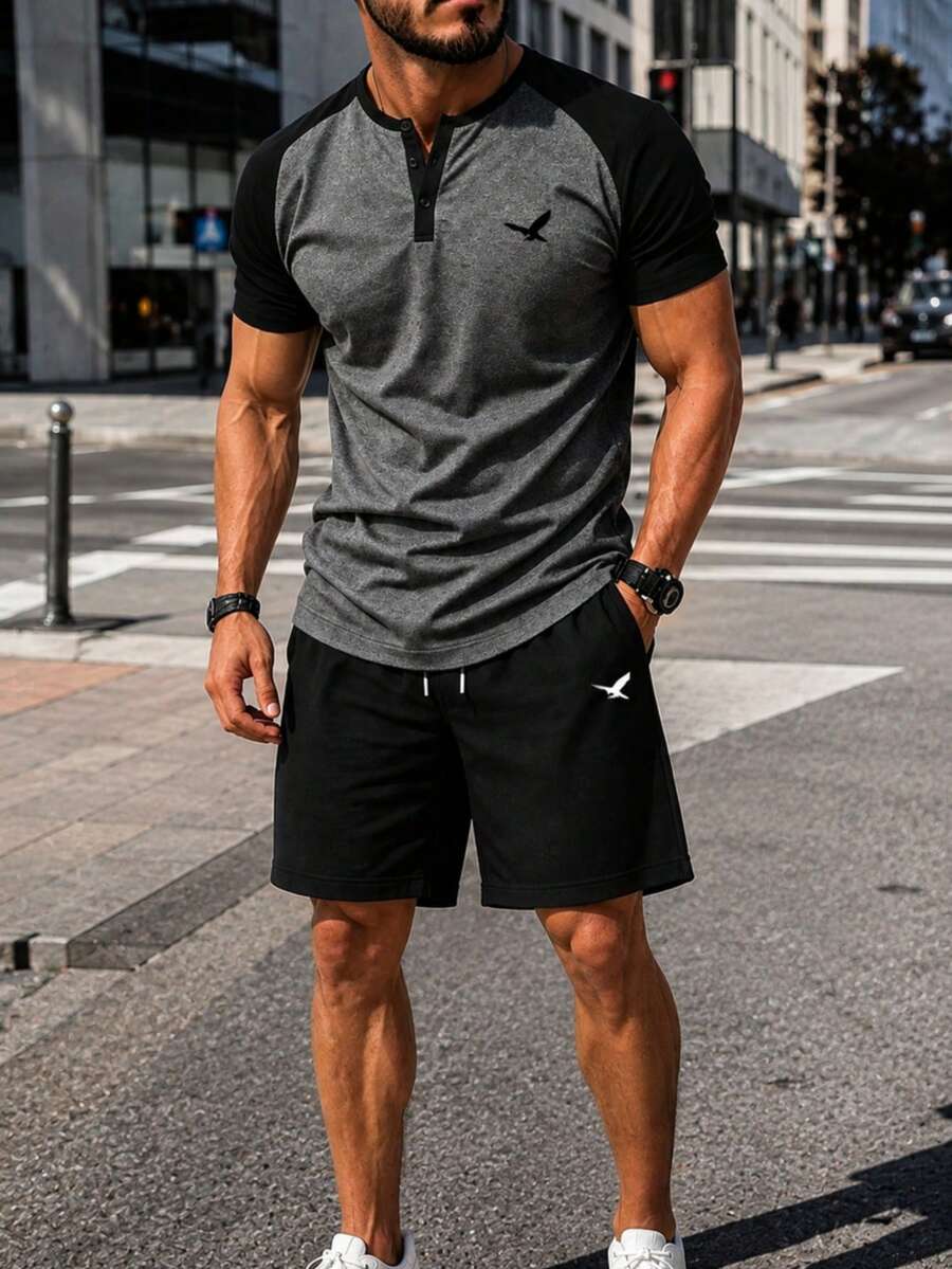 Plus Size 2-Piece Set: Men's "BUILT DIFFERENT" Graphic Short Sleeve T-Shirt & Shorts Casual Outfit - Multicolor - View 1