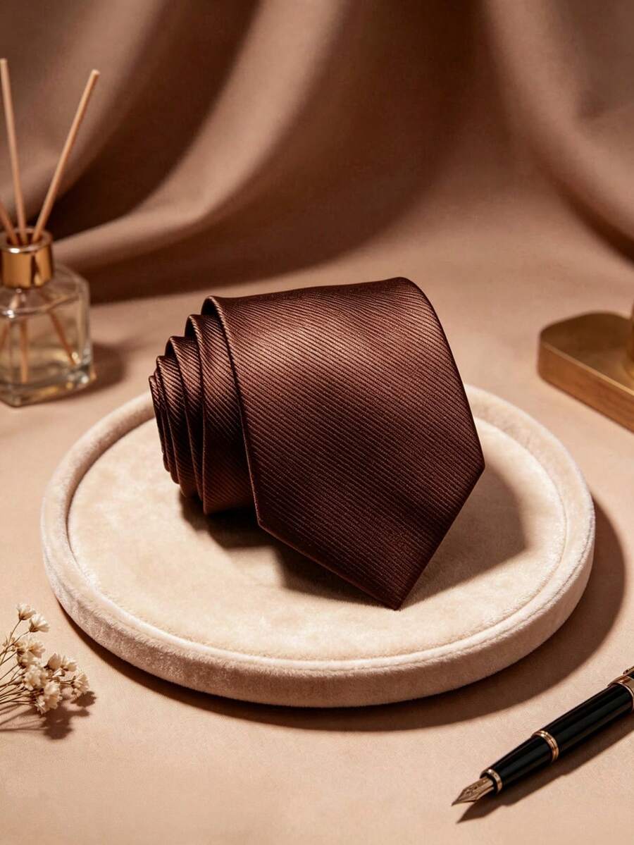 1PC Men's Fashion Solid Mint Green Thin Striped Versatile Narrow Encrypted Tie Suitable For Banquet, Party, School, Wedding - Coffee Brown - View 1