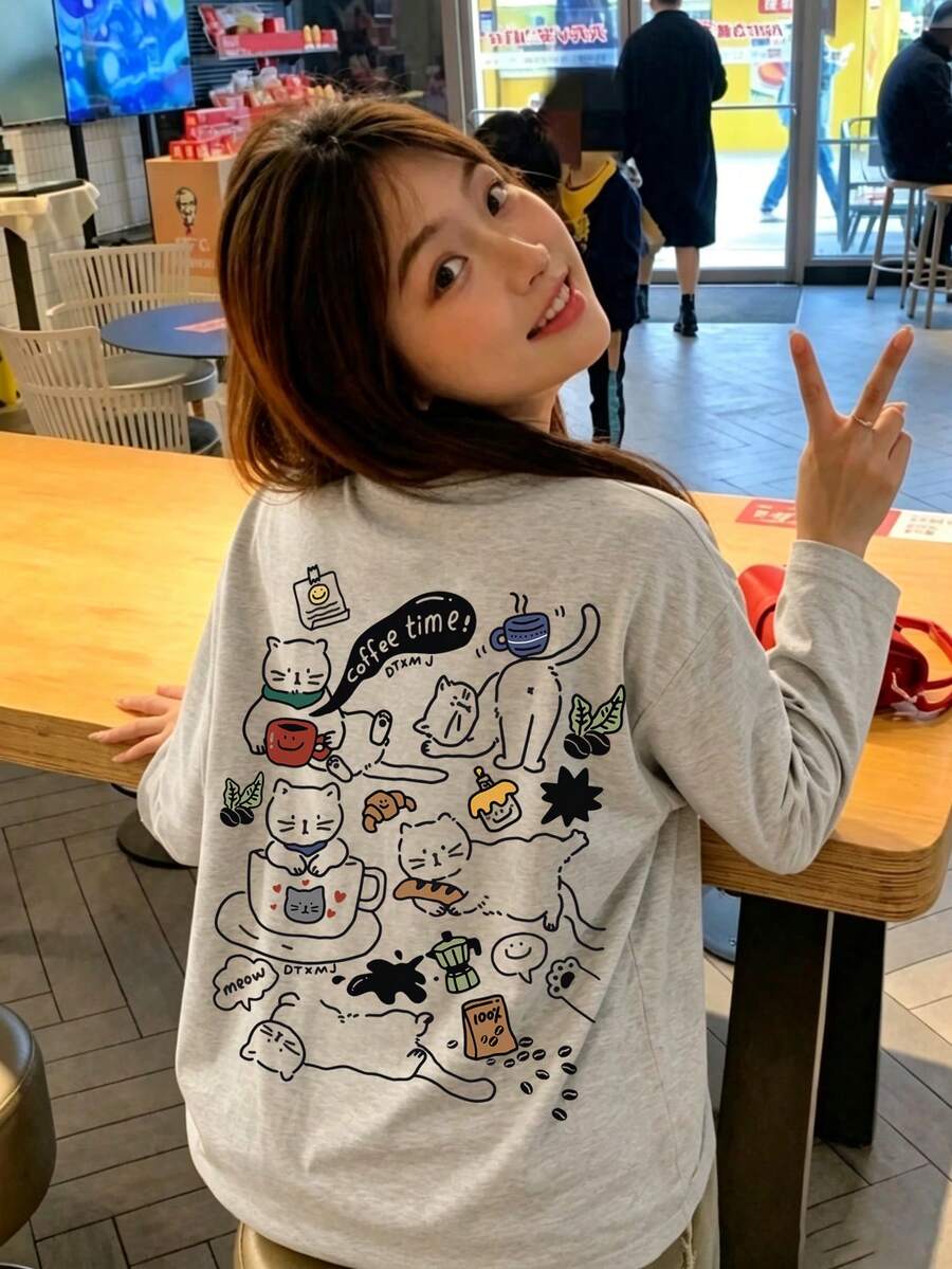 Women's Spring/Autumn Loose Fit Versatile Round Neck Fashion Top Casual Cat Pattern Letter Print Comfortable Long Sleeve T-Shirt - Light Gray - View 1