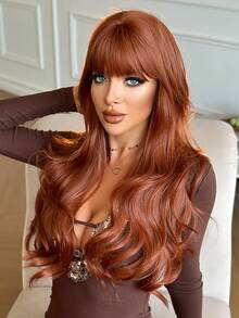 NAMM Ginger Orange Extra Long Wavy Wigs With Curtain Bangs Heat-Resistant Fiber Synthetic Woven Costume Wig For Cosplay Wear, Halloween & Carnival Party Use 28 Inch - Ginger - View 5