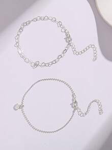 2pcs/Set Layered Heart Element Chain Bracelet, Exquisite Luxury Copper Bead Chain, Suitable As Gift For Girls - Silver - View 4