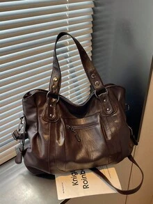 Tote Bag With Metal Rivets And Hardware Decoration, Hand-Carry, Shoulder, And Crossbody Options, Zipper Closure, Vintage Distressed Soft Leather Style, Large Capacity, Suitable For Women's Commuting, Travel, And Daily Use - Coffee - View 10