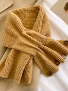 1pc Women's Short Cross-Knit Scarf, Colorblock Neck Warmer, Winter Warm Button Neck Scarf, Solid Color Simple Casual Versatile Neck Warmer - Multicolor - View 6