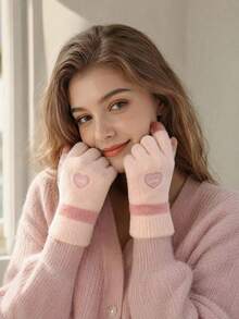 Girl Style Heart Embroidery Touchscreen Knit Gloves, Unisex Autumn/Winter Colorblock Soft Thick Warm Fingerless Gloves For Daily Outdoor Cycling Commuting Cold Protection Wrist Guard - Multicolor - View 12