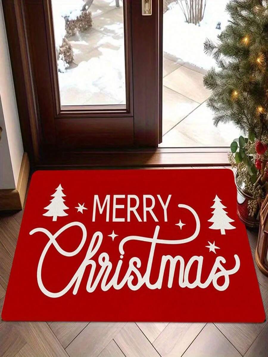 1pc Merry Christmas Door Mat - Red Holiday Entrance Rug, Elegant Letter Design, Machine Washable, Crystal Velvet Material Carpet, Perfect Christmas Home Decor, Suitable For Living Room Sofa, Bedside, Kitchen, Hallway, Living Room, Bathroom, Bedroom, Holiday Decoration, Christmas Decorative Rug - A - View 1