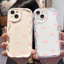 Full Screen Pink Bow Phone Case 12 Cream Texture 13 Transparent Shell Apple 14 Soft Shell Cute Wavy Pattern Phone Case - Clear - View 2