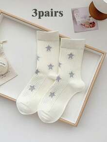 1 Pair/3 Pairs Star Pattern Black White Grey Mid-Calf Socks, Sports Socks, School Style Long Socks For Spring & Autumn - Multicolor - View 15