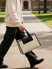 Canvas Tote Bag Black Leather Trimmed Shoulder Bag Fashion Large Capacity Work Travel Handbag - Multicolor - View 2