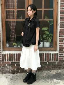 2025 Summer New Korean Style Sweet & Youthful Floral Lace Patchwork Short Sleeve Blouse Black - Black - View 4